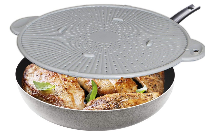 Simply Served Silicone Splatter Screen, Multi-Use Kitchen Tool, Protect Stovetop and Counters, 3-in-1 Silicone Kitchen Trivet, Splatter Screen, and Colander Lid, Gray - Image 3